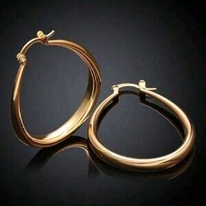 18k Gold Plated Oval Hoop Earrings 90s Y2k Vtg Fashion Woman's Birthday Gift